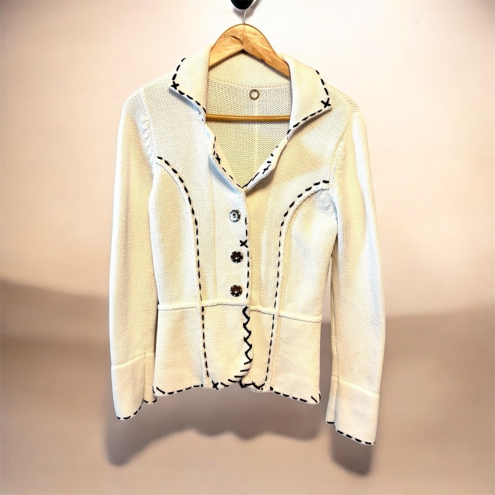 Anthropologie One Girl Who Cream Knit Jacket with Black Stitching Size Medium